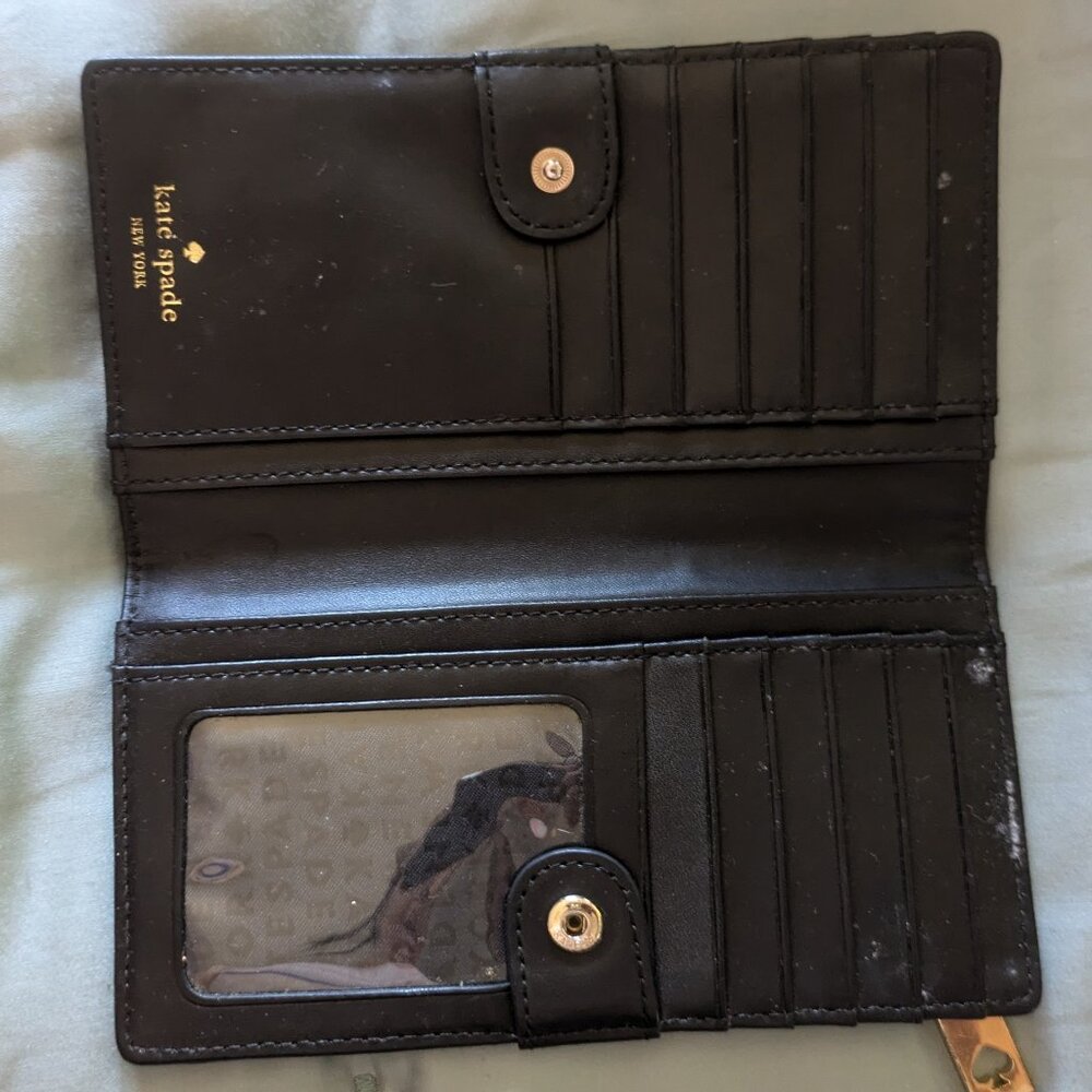 Kate Spade Black Leather Medium Bifold Wallet with ID Window & Zip Pocket